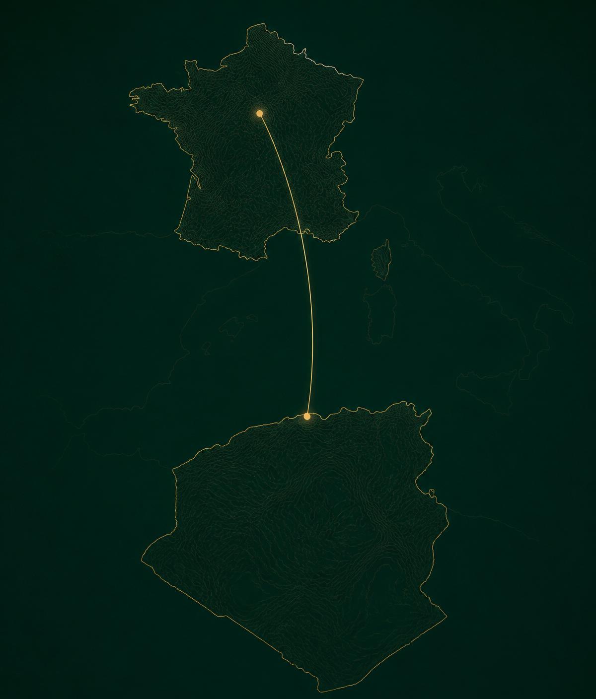 Carte stylisée reliant la France et l'Algérie par un trait doré lumineux